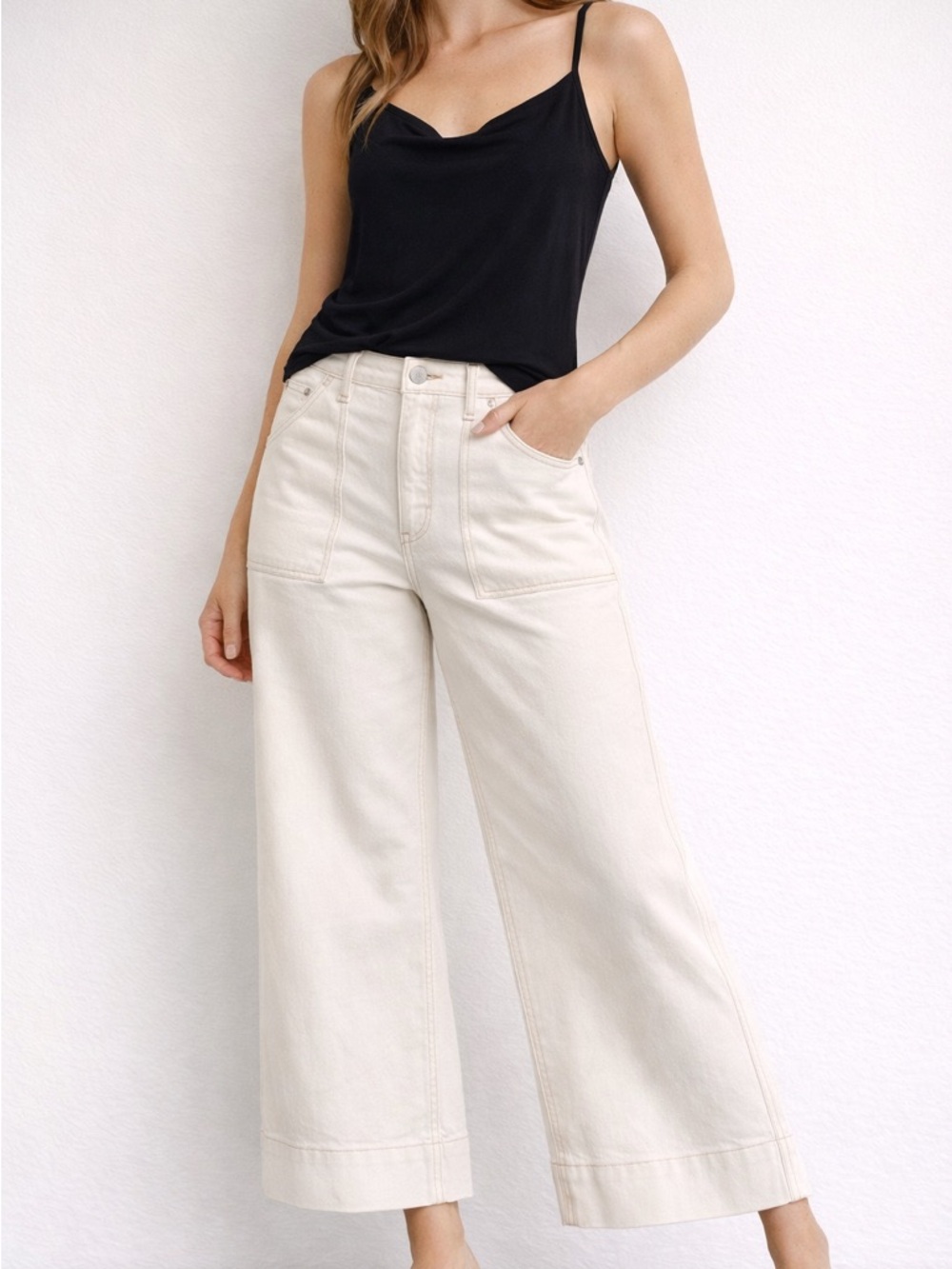 NWT Miou Muse Cream Wide Leg Denim Pants Size L High Rise Chic